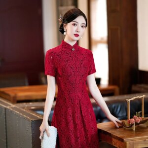 Red short-sleeved lace cheongsam modified slim-fit word dress bridal