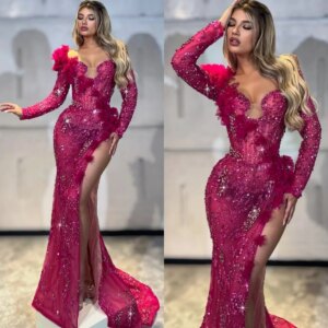 Sparkly Evening Dresses Rhinestone Flowers Prom Dress Side Split Sequins Beading Mermaid Party Gowns Vestidos De Noche