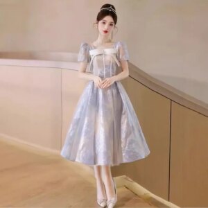 Women’s A-Line Party Dresses Banquet High-end and Medium-long Formal Dress Lady Princess Square Collar Bow Fluffy Evening Dress