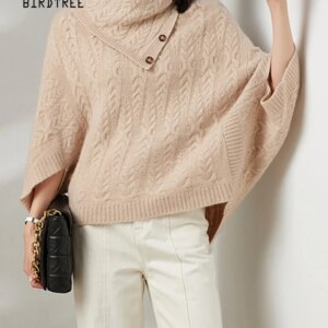 Birdtree, 100% Wool Sweater, Women’s Heavyweight Twisted Flower High Neck Thick Pullover,Autumn And Winter New Top T48015KE