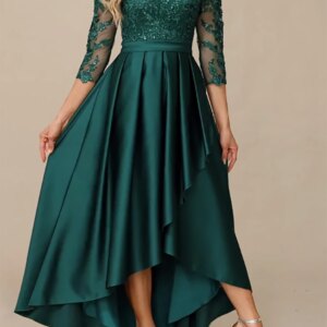 Lace Pleated Sequins A-line V-Neck Satin Formal Evening Dresses Prom Gowns Customed