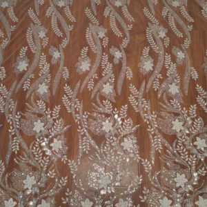 Beautiful Floral Leaf Pattern Lace With Shining Sequins and Handbeaded Wedding Dress Embroidered Lace Fabric