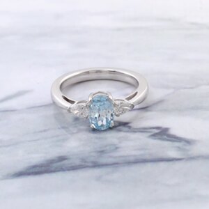 Provence trilogy Wedding Ring 10K Solid Gold blue Oval cut Lab Gemstone DEF/VS Lab Diamonds Side Stone Engagement ring Custom