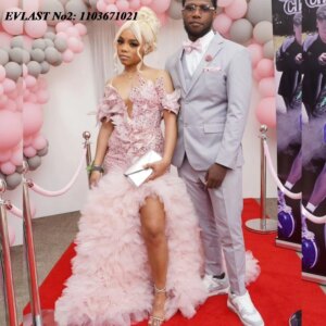 EVLAST Customized Sexy Pink Sequins Mermaid Prom Dress Black Girls Crystal Beaded Ruffles High Slit Birthday Party Gown E2P493