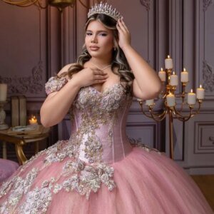 Customized Shiny Pink Off Shoulder Quinceanera Dress sequin applique Tull Lace 3D flower vestidos de 15 Quinceanera