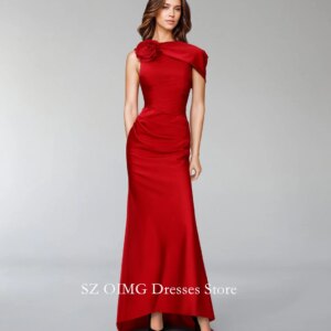 OIMG Satin Classic Red Prom Dresses Sleeveless Dress with Side Capelet and 3D Flowers Women Evening Gowns Formal Party Dress