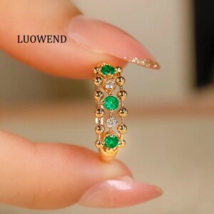 LUOWEND 18K Yellow Gold Rings Romantic Style Shiny Diamond Natural Swat Emerald Engagement Ring for Women High Wedding Jewelry