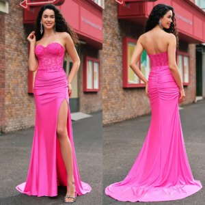Simple Fuchsia Mermaid Prom Dresses Lace Appliques Satin Evening Dresses Glitter Beads Side Split Customized Formal Party Gowns