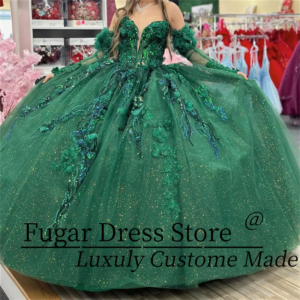 Emerald Green Princess Quinceanera Dress Off Shoulder Ball Gown Lace Applique Beading Tull Corset Sweet 16 Vestido 15 De Anos
