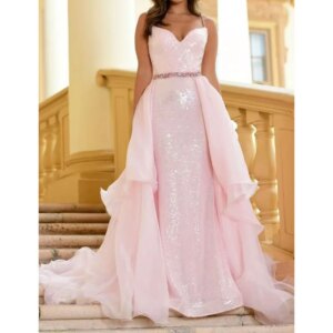 Exquisite Pink Evening Dresses Elegant Spaghetti Strap Sleeveless Detachable Train Gowns Special Occasion Event Guest Prom Dress