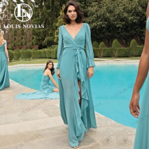 LOUIS NOVIAS Chiffon Bridesmaid Dresses Sexy Romantic Sexy V-Neck Thigh Split Long Sleeves Elegant Dress Women For Wedding Party