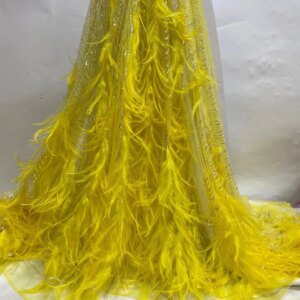 Latest Luxury Elegant African Feather Lace Fabric Embroidery With Sequins Nigerian Tulle For Wedding Party Long Dress JH81150U