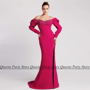 Fuchsia Mermaid Evening Dress Long V Neck Full Sleeve Beading Stones High Slit Woman Prom Dresses Dubai Formal Party Gown