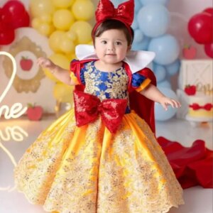 Gold Lace Flower Girls Dress included Cloak Red Bow First Baby Birthday Princess Beaded Christmas Ball Gown Photoshoot Party