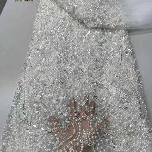 White African Heavy Beads Tulle Lace Fabric 2025 High Quality Lace French Luxury Sequins Beaded Lace Fabric For Wedding Dress