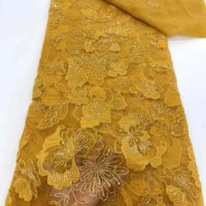 Gold Luxury African Tulle Laces Latest Handmade Beads Lace Fabric High Quality Nigerian Tulle Net Lace Embroidery Bride Lace