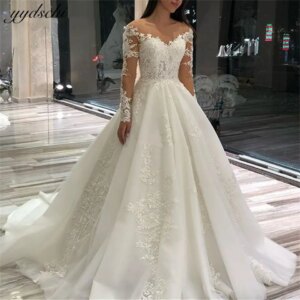 Elegant 2025 Appliques Full Sleeves Tulle Wedding Dresses for woman Ball Gowns Court Train Bridal Gowns Vestidos De Noiva