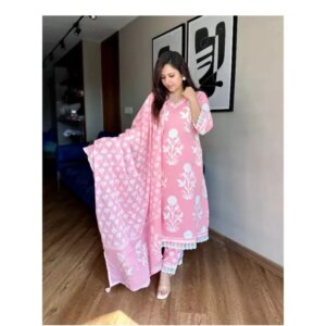 Pink Color Printed Kurta Palazzo & Dupatta Set Cotton Fabric Salwar Kameez Suit