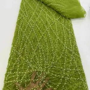 Newest Luxury Green Heavy Beaded Lace High Quality Net African Sequin Lace Fabric Embroidery Lace 2025 Dress For Wedding Bridal
