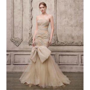 Pretty Prom Dresses Women Strapless Sleeveless Mermaid Sweep Train Yarn Bowknot Yarn Floor Length Banquet Marry Gowns Elegant