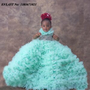 EVLAST Customized Sage Ruffles Flower Girl Dress For Weddings Tiered Crystals Beaded Girls Pageant First Communion Gowns FD36