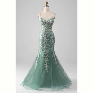 Exquisite Light Green Women Prom Dresses Floor Length Trumpet Spaghetti Strap Sweetheart Flowers Sequin Smart Female Party Gowns
