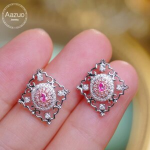 Aazuo Real Jewelry 18K Solid White Gold Real Pink&White Diamond Lovely Square Stud Earring Gifted For Women Wedding Party Au750