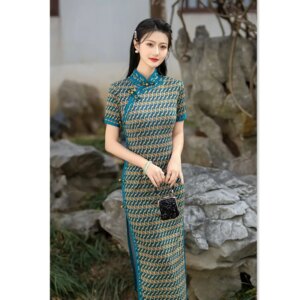 Retro Chinese Style Long Wide-Brimmed Cotton Cheongsam Qi Pao Summer New Improved Traditional Women’s