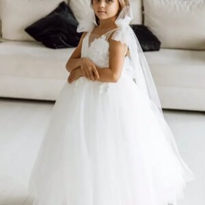 Flower Girl Dresses White Tulle Appliques With Tailing And Bow Shoulder Sleeveless For Wedding Birthday First Communion Gowns