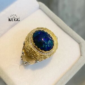 KUGG 100% 18K Yellow Gold Rings Romantic Style Shiny Dimaond Natural Opal Ring for Women Senior Banquet High Gemstone Jewelry