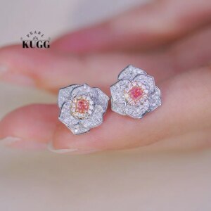 KUGG 100% 18K White Gold Earrings Classic Flower Design Real Natural Pink Diamond Stud Earrings for Women High Wedding Jewelry