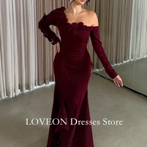 One-Shoulder Crepe 3D Flowers Formal Evening Dresses Pleat Long Sleeves فساتين سهرة Customized Elegant Prom Growns Party Women