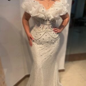 Lowime Champagne Ivory Prom Dresses 2024 Mermaid Crystals Party Dress Arabic Off The Shoulder Pearl Evening Gowns Customize Robe