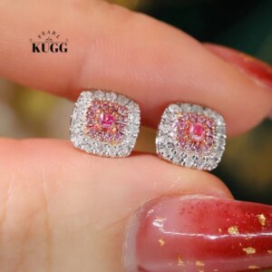 KUGG 100% 18K White Gold Earrings Fashion Square Design Real Natural Pink Diamond Stud Earrings for Women High Christmas Gift