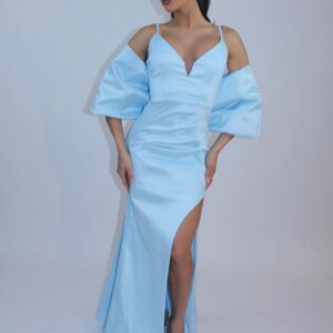 customizedCustomized Modern Style Spaghetti Straps Evening Dress Blue Satin Homecoming Dresses Zipper Back Off the Shoulder Prom