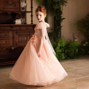 Dreamy Vow Elegant Blush Flower Girl Dress Handmade Flower Yellow Princess Gown for Kids Wedding Birthday Communion Party J142