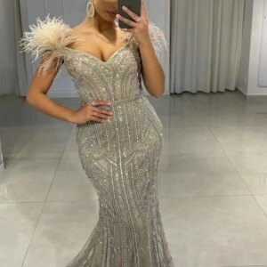 MYMB Sexy V Neck Sleeveless Caramel Evening Dress for Wedding Party Gorgerous Beaded Feathers Mermaid Dubai Formal Gown DSL62321