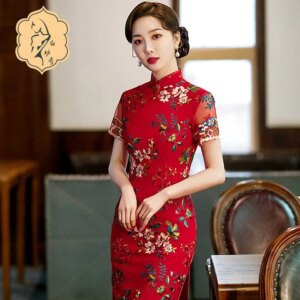Red lace cheongsam standing collar fashion embroidery short-sleeved dress