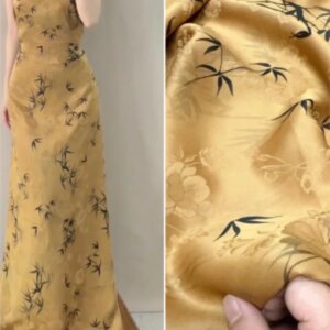 Heavy 25momme red mud jacquard silk gauze single side dyed leaf printing Chinese style cheongsam fabric
