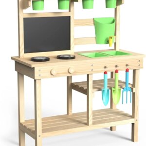 Cedar Wood Outdoor Play Kitchen for Kids, Mud Kitchen with Water Faucet, Dual-Sided Chalkboard, Storage Shelves, Cups, Removable