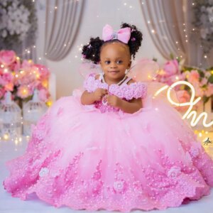 Luxury Pink Flower Girl Dresses Customized Big Pearls Lace Ball Gown First Communion Dress Birthday Photos Shoot Gowns for Party