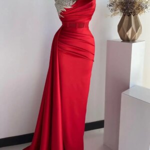Customized  Fashion Jersey Straight One Shoulder Crystal Evening Dresses Strapless Sleeveless Panel Train Red Party Dre
