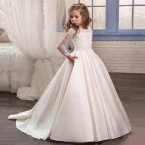 Flower Girl Dresses White Satin Appliques Pattern Long Sleeve For Wedding Birthday Party First Communion Gowns  ball gown