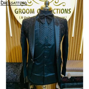 Black Formal Men Suits Appliques Lace Beading Two Pieces Evening Party Blazer Groom Wear ( Jacket+Pants )