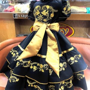 Black And Gold Mexican Flower Girl Dress Embroidery Charro Toddler Short Sleeves Birthday Dress Mariachi Pageant Customized