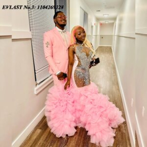 EVLAST Customized Gorgeous 2025 Pink Ruffles Prom Dress Silver Crystal Beaded Black Girls Aso Ebi Mermaid Party Dress E3P240
