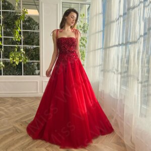 Customized Gorgeous Evening Dresses Red 2025 Prom Party Gowns Sleeveless Flowers Beaded Wedding Guest Dresses Lace Up Back