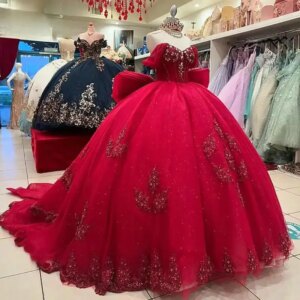 Customized Red Beading Crystal Bow Quinceanera Dresses Ball Gown Off The Shoulder Appliques Lace Sweet 15 Años Mexican