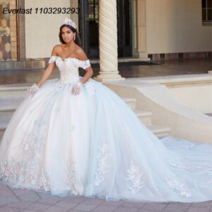 EVLAST Customized Shiny Sky Blue Quinceanera Dress Ball Gown Lace Applique Beads Mexico Corset Sweet 16 Vestido De 15 Anos E1Q34