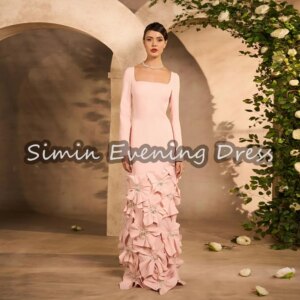 Simin Crepe Straight Square Neckline Elegant Evening Dresses For Women 2025 With 3D Flowers Long Sleeves Saudi Party Dress